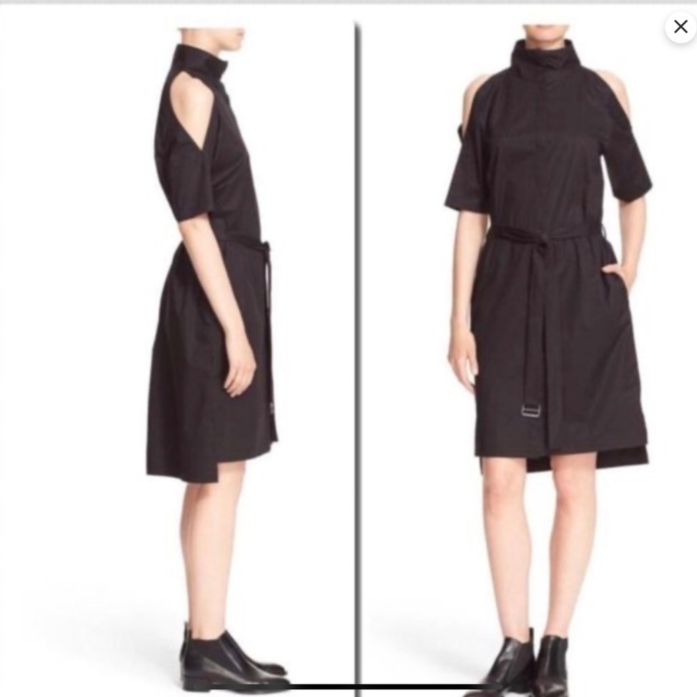 DKNY Black Cold Shoulder Cotton Shirt Dress With Belt, Size L - Picture 2 of 16